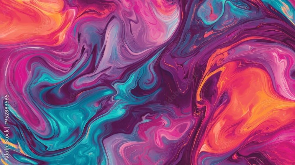 Liquid paint mixing together forming an abstract design with a marbled texture, featuring vibrant colors including pink, purple, orange and teal Liquid paint mixing together forming an abstract design with a marbled texture, featuring vibrant colors including pink, purple, orange and teal