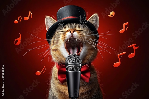 Cat musician singing into a vintage microphone, illustrated in a retro style where the cat, wearing a bowtie and top hat, croons into a microphone, with musical notes swirling around photo