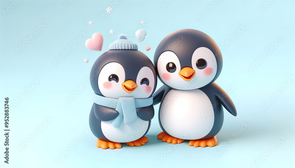 Fototapeta premium Two cute cartoon penguins with hearts and snowflakes on a blue background.
