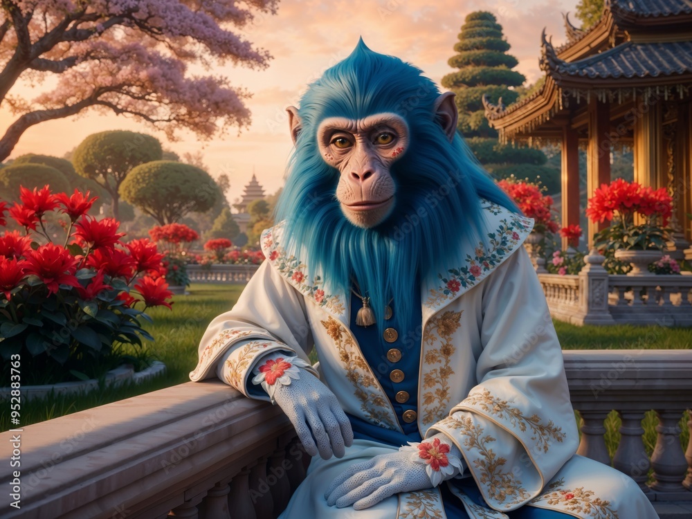Elegant Blue Monkey in Ornate Robe in Serene Oriental Garden Setting Elegant Blue Monkey in Ornate Robe in Serene Oriental Garden Setting