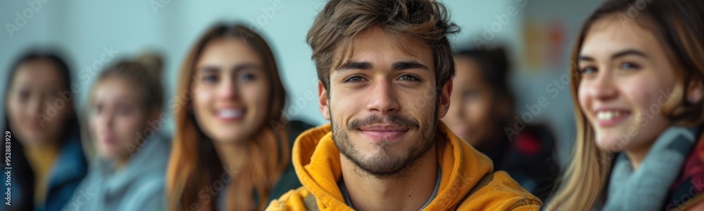 Obraz premium Smiling man in yellow hoodie with group of young people in background, speaking club , banner