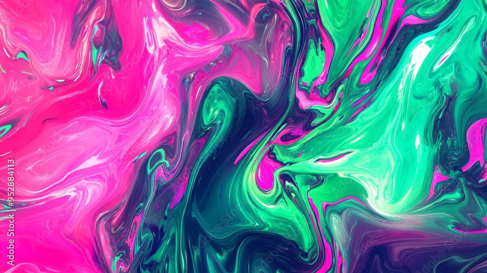 Vibrant liquid acrylic paint swirls together in green, pink, blue, and purple, creating a bold and beautiful abstract background full of energy and motion