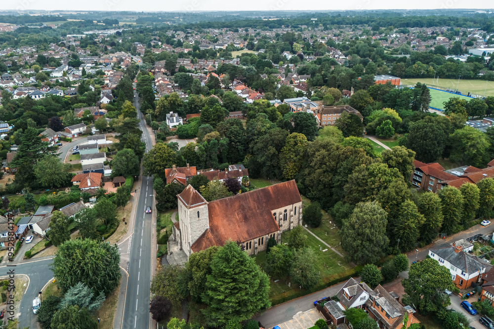 Fototapeta premium Aerial drone shot of All Saints Church in Bishops Stortford in England