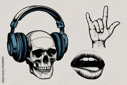 Hard rock halftone collage with skull, headphones, rock hand gesture, and open lips in neon colors - grunge music expression - retro pop art photo