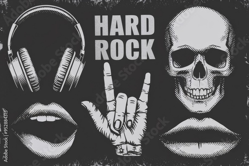 Hard rock halftone collage with skull, headphones, rock hand gesture, and open lips in neon colors - grunge music expression - retro pop art photo