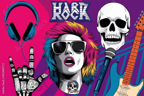 Hard rock halftone collage with skull, headphones, rock hand gesture, and open lips in neon colors - grunge music expression - retro pop art photo