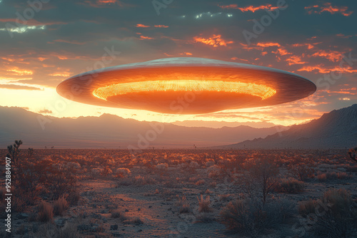 A sleek, metallic disc-shaped object hovering silently above a remote desert at dusk. Concept of extraterrestrial crafts and unexplained phenomena. photo