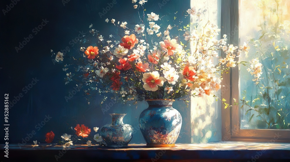 A vibrant painting of a floral arrangement on a table A vibrant painting of a floral arrangement on a table