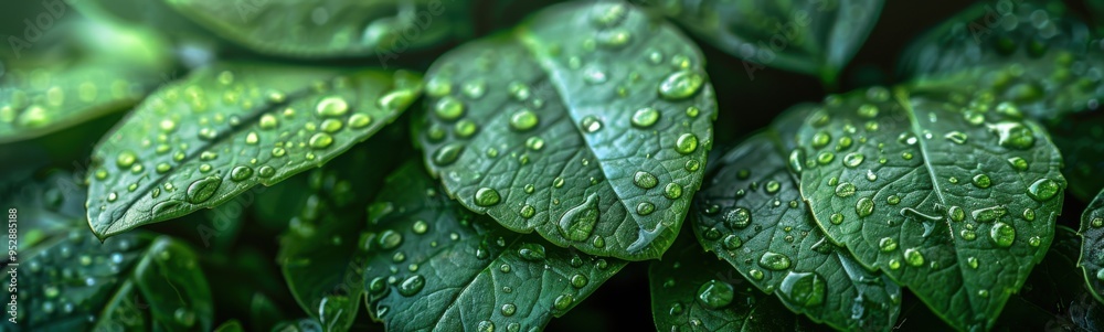 Many green leaves with water droplets on them, plant background, banner, copy space Many green leaves with water droplets on them, plant background, banner, copy space