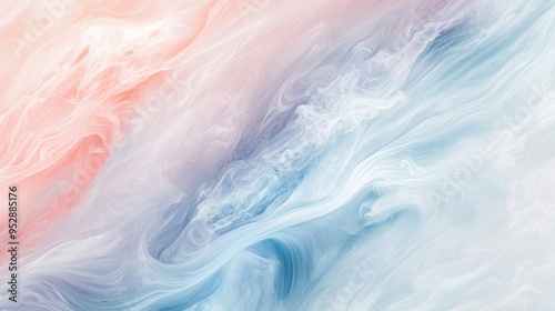 Abstract fluid art background with swirling pastel colors of pink, blue, and white, creating a sense of movement and tranquility