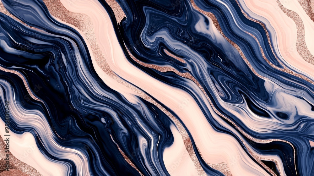 Obraz premium Navy blue and rose gold glitter are mixing together creating wavy lines and swirls. This luxury background would be perfect for a party invitation or announcement