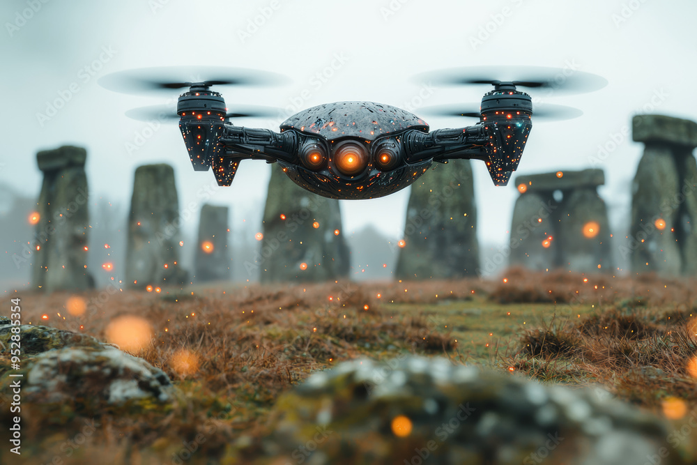 A mysterious, metallic drone-like object hovering above an ancient stone circle under a starry night. Concept of unexplained technology and historic sites.