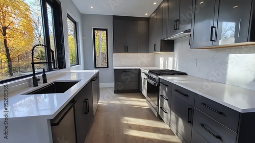 Modern kitchen with white countertops, gray cabinets, and black hardware.