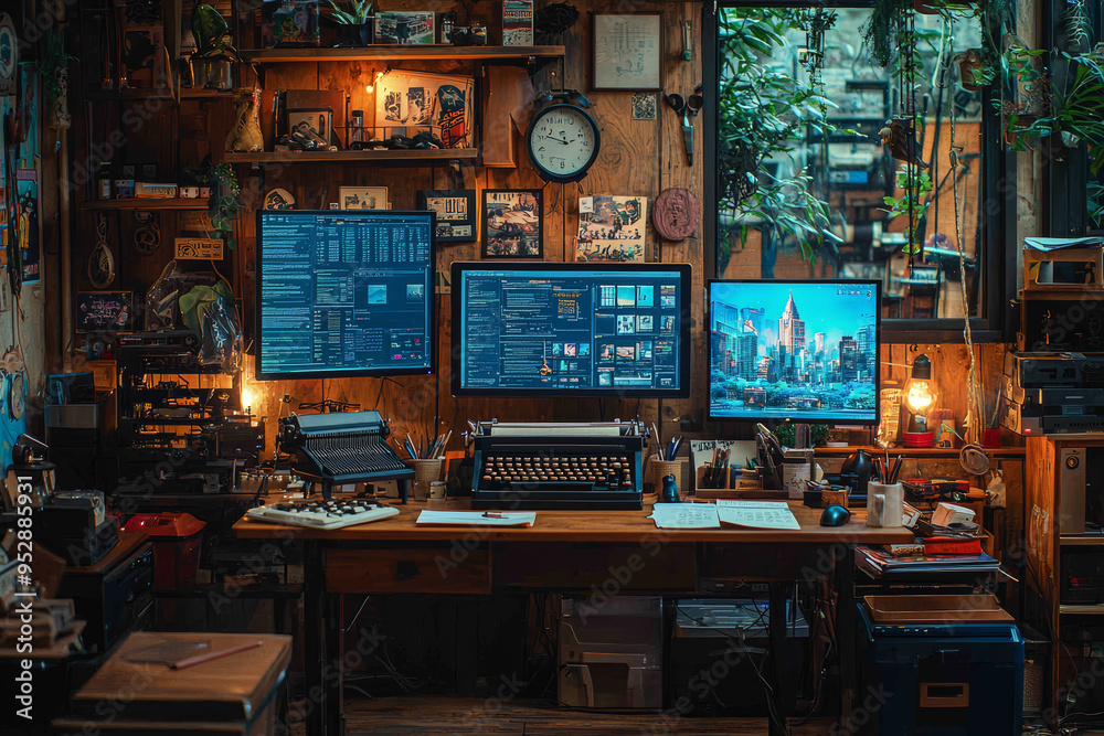 A high-tech, modern computer setup with multiple screens contrasted with an old-fashioned typewriter and paper. Concept of technological advancement versus obsolescence. A high-tech, modern computer setup with multiple screens contrasted with an old-fashioned typewriter and paper. Concept of technological advancement versus obsolescence.