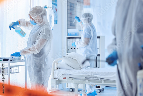 Foto Hospital, contamination and people cleaning with disinfection for biohazard, safety or protocol