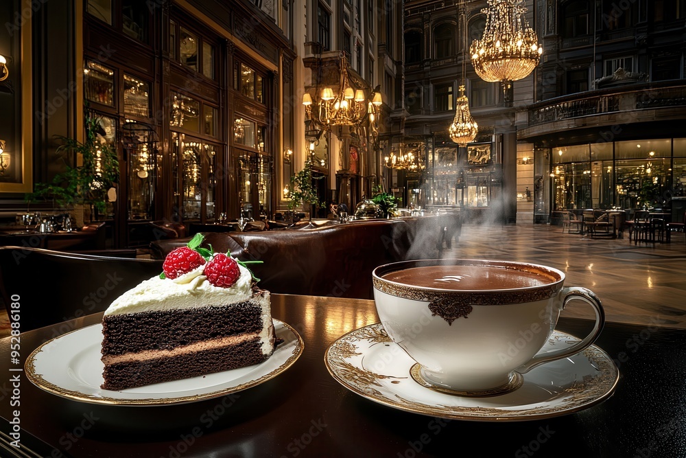 cup of hot chocolate and a slice of chocolate cake cup of hot chocolate and a slice of chocolate cake