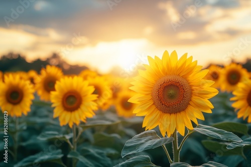 Sunflowers in a field at sunset. Generative AI photo