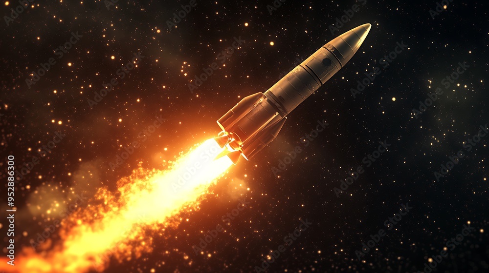 Fototapeta premium Rocket Launch Against a Starry Sky with Flames