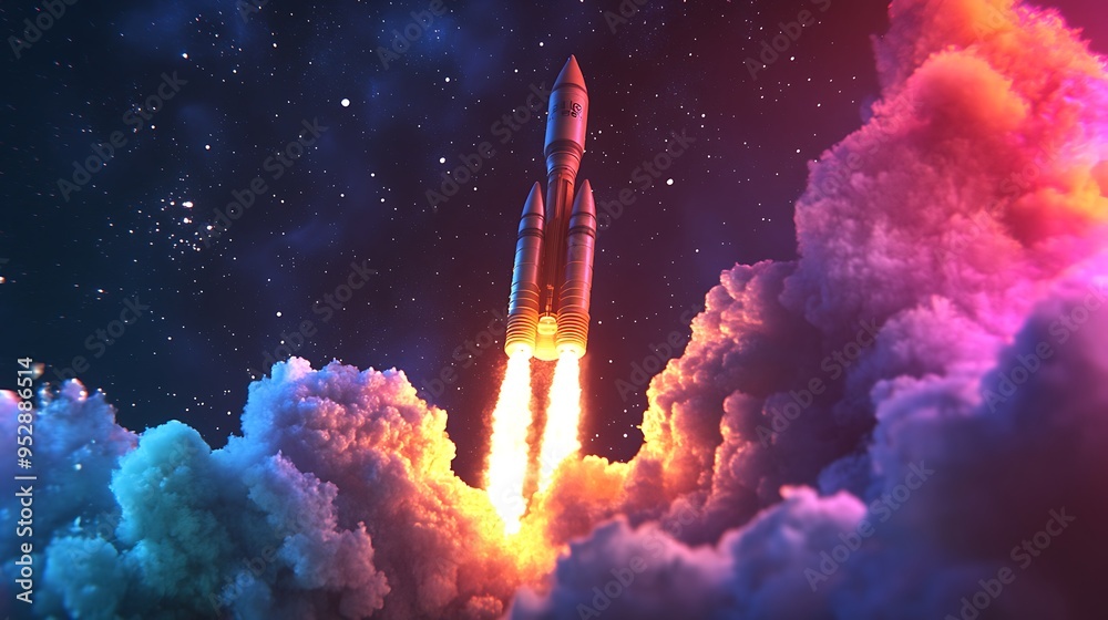 Fototapeta premium Rocket Launch Through Colorful Clouds and Stars