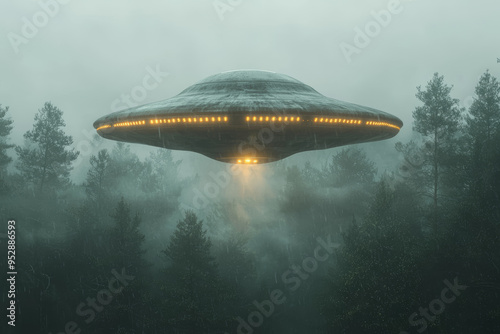 A dark, triangular UFO with pulsating lights, partially obscured by clouds, hovering over a dense forest. Concept of mysterious aerial objects and hidden encounters.