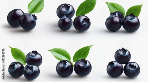 Blueberries, bilberries, or huckleberries in modern form. Fresh fruit bunches from a farm garden or wild forest plant. Ripe, unprocessed blueberries isolated on white. photo