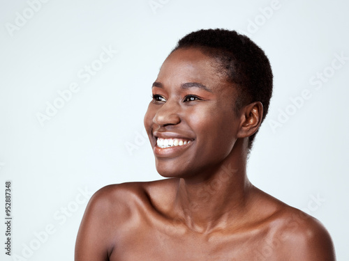 Skincare, beauty and black woman in studio with glow for hydration, collagen and facial routine. Smile, health and African female person with dermatology treatment for confidence by white background.