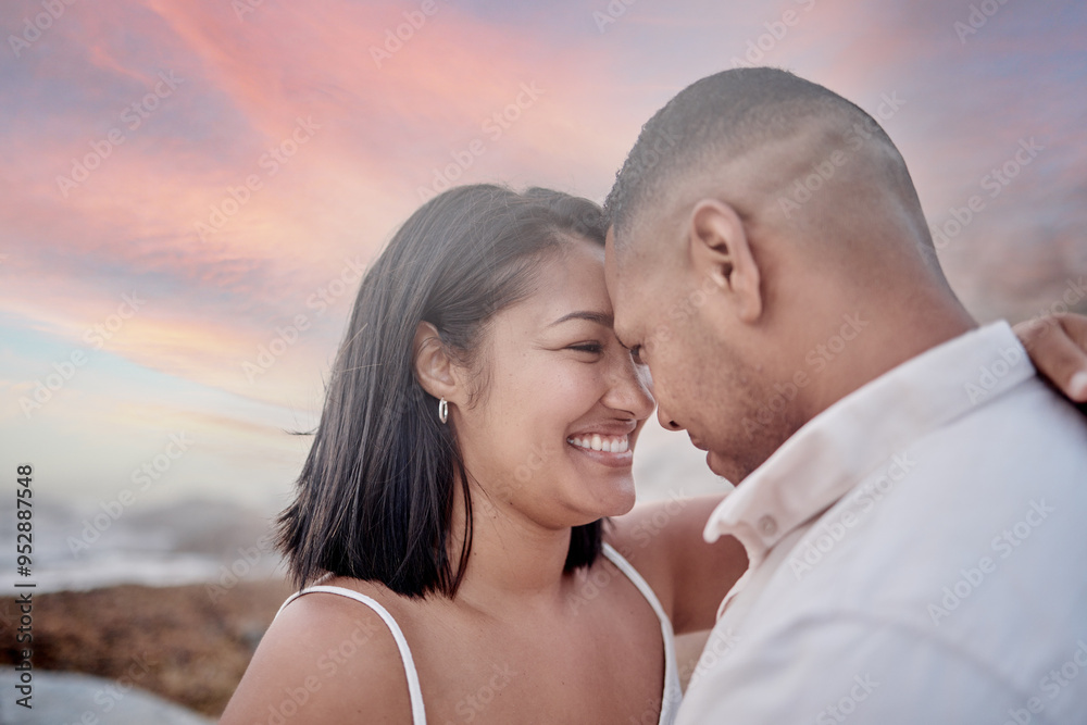Smile, connection and couple on beach at sunset on romantic date for travel with vacation or weekend trip. Love, commitment and young man and woman bonding by ocean in evening on tropical holiday. Smile, connection and couple on beach at sunset on romantic date for travel with vacation or weekend trip. Love, commitment and young man and woman bonding by ocean in evening on tropical holiday.