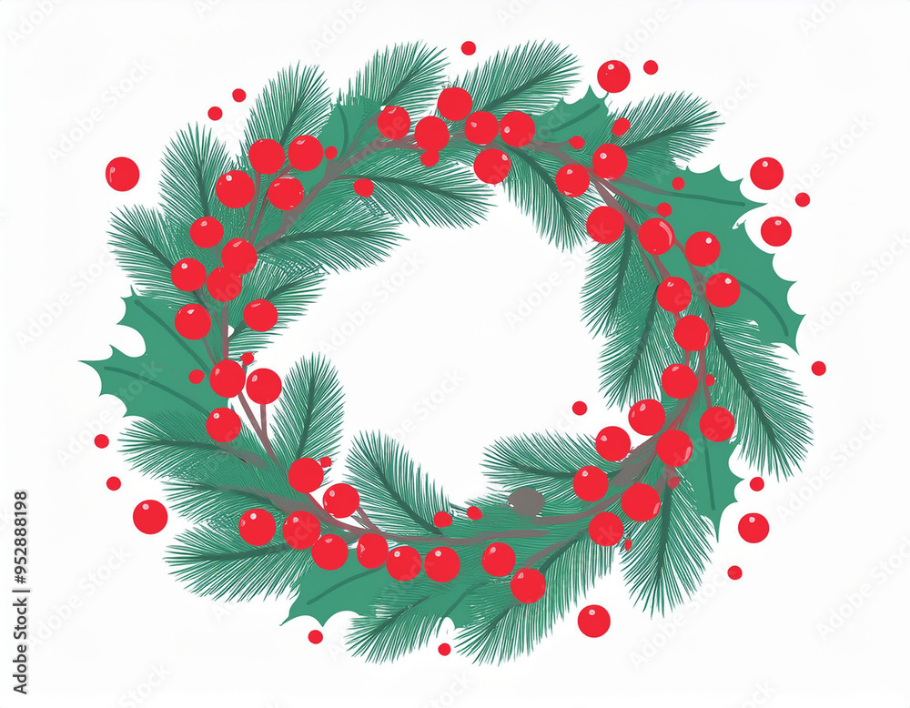 Festive Holiday Wreath Illustration with Berries: Traditional Christmas Decoration on White Background Festive Holiday Wreath Illustration with Berries: Traditional Christmas Decoration on White Background
