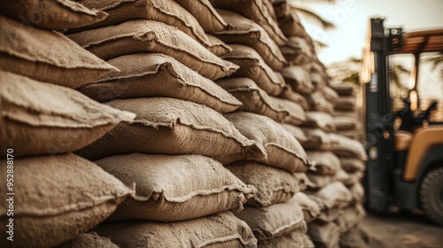 Bags of cement on a pallet resting on a truck; taken in Pathumthani, Thailand, for editorial purposes only photo