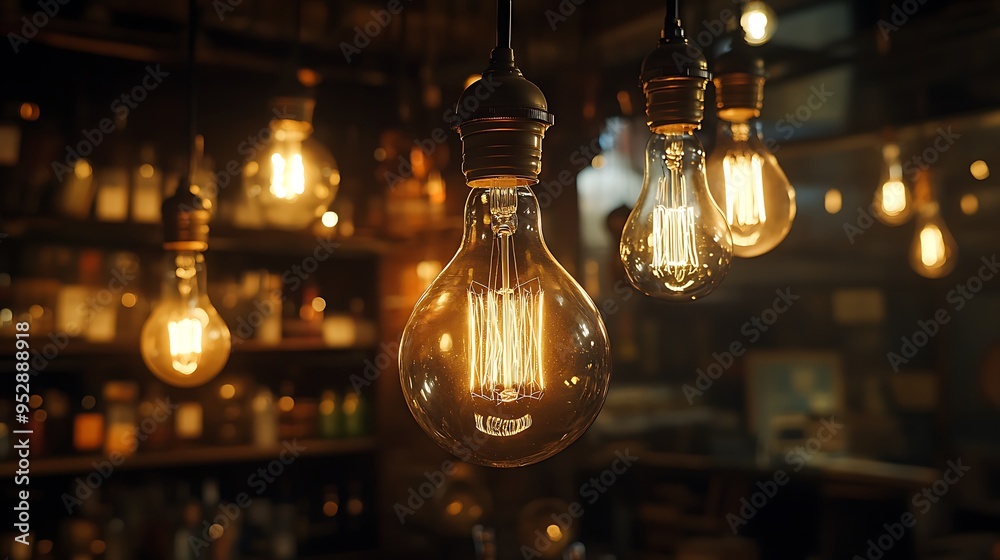 Warm glow of incandescent light bulbs hanging in a dimly lit room, creating a cozy and inviting atmosphere. Warm glow of incandescent light bulbs hanging in a dimly lit room, creating a cozy and inviting atmosphere.