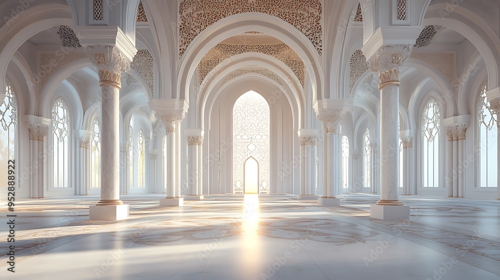 Fototapeta premium Sunlit Interior of a White Marble Hall with Arched Windows and Columns