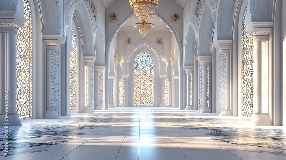 Fototapeta premium An interior hallway with intricate stained glass windows and white pillars