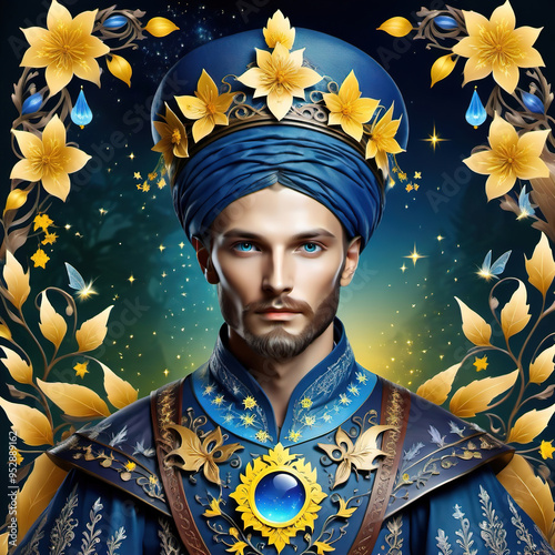 Fairytale portrait of a male wizard in a blue and yellow outfit, avatar. photo