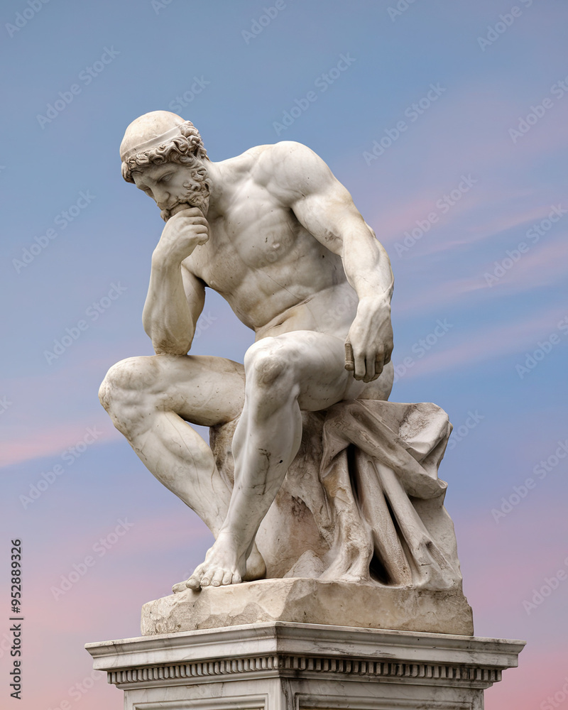Elegant White Marble Greek Statue in a Classic Thinking pose, Representing Timeless Classical Art and Thoughtful Contemplation in Ancient Greek Culture Elegant White Marble Greek Statue in a Classic Thinking pose, Representing Timeless Classical Art and Thoughtful Contemplation in Ancient Greek Culture