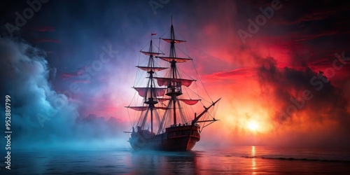 Pirate ship sailing in fog with red lighting, pirate, ship, foggy, red, lighting, mysterious, ocean, adventure, nautical, vessel