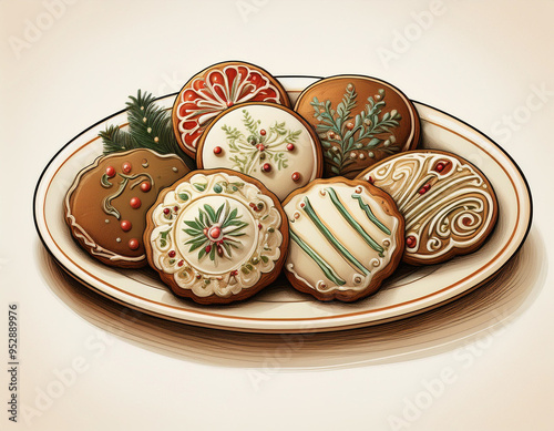 Christmas Cookies on a Plate Illustration with Copy Space for Text or Advertising on White Background