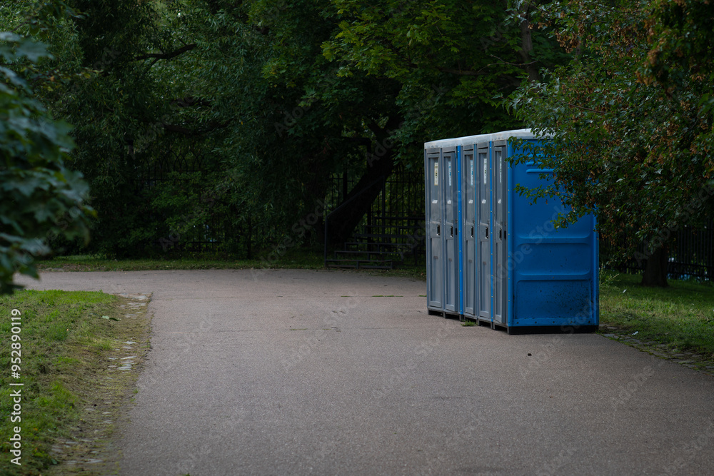 portable blue bathroom or clean toilet sanitary sanitation restroom lavatory door latrine