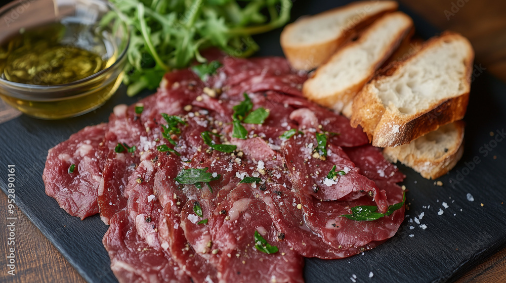 Beef carpaccio garnished with herbs and sea salt, served with sliced bread and a side of olive oil, accompanied by a small salad Beef carpaccio garnished with herbs and sea salt, served with sliced bread and a side of olive oil, accompanied by a small salad