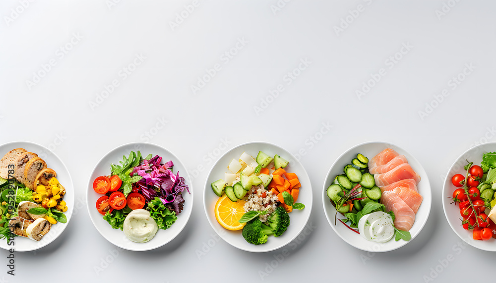 Top-Down Shot of Ten Plates of Food in a Row on a White Background | Elegant and Symmetrical Culinary Presentation