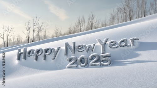 A serene winter landscape featuring the text 