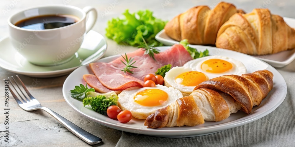 Breakfast plate with ham and eggs croissant served with coffee on a white plate, breakfast, ham, eggs, croissant, coffee, morning Breakfast plate with ham and eggs croissant served with coffee on a white plate, breakfast, ham, eggs, croissant, coffee, morning