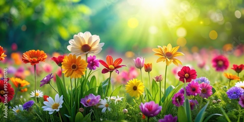Colorful flowers blooming on a lush green field, flowers, blooming, colorful, green, field, floral, nature, plants, petals