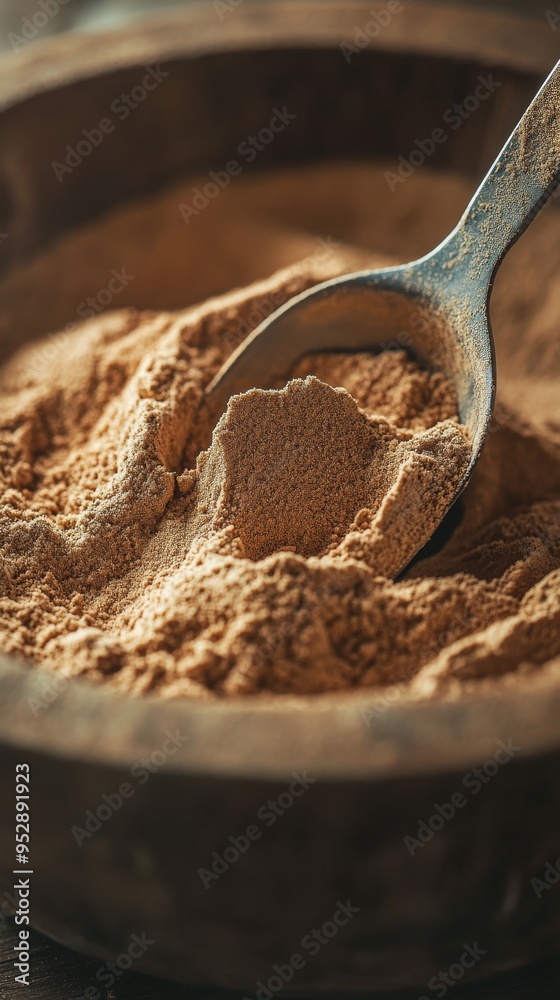 Close-up of an earthy-colored powder in a wooden bowl. Rustic metal spoon partially buried in the powder in the bowl. Close-up of an earthy-colored powder in a wooden bowl. Rustic metal spoon partially buried in the powder in the bowl.