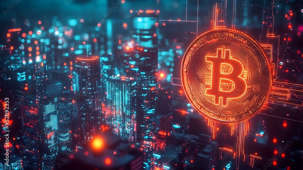 Obraz premium Glowing Bitcoin Coin Over Futuristic Cityscape