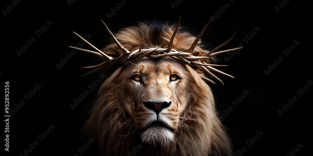 Fototapeta premium Lion with Crown of Thorns on His Head | Powerful Symbol of Strength, Sacrifice, and Spirituality