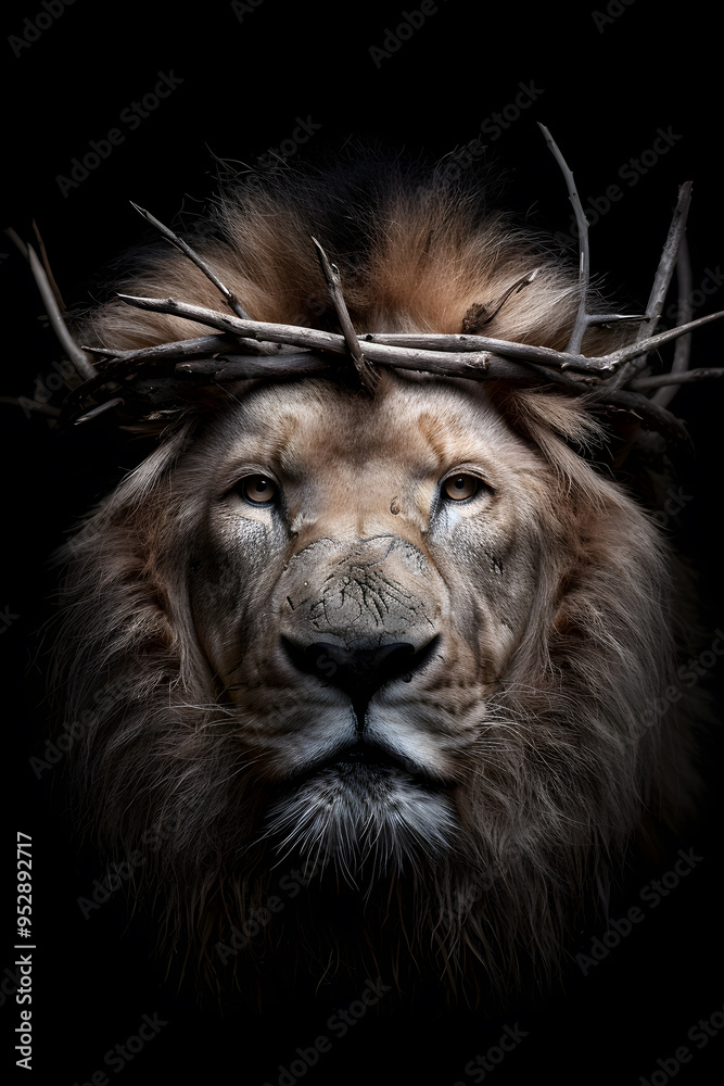 Naklejka premium Lion with Crown of Thorns on His Head | Powerful Symbol of Strength, Sacrifice, and Spirituality