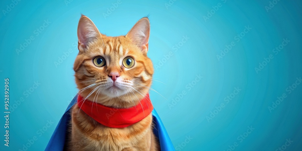 Cute ginger cat in superhero cloak and mask on blue background, cat, ginger, superhero, cloak, mask, blue, background, pet, domestic Cute ginger cat in superhero cloak and mask on blue background, cat, ginger, superhero, cloak, mask, blue, background, pet, domestic