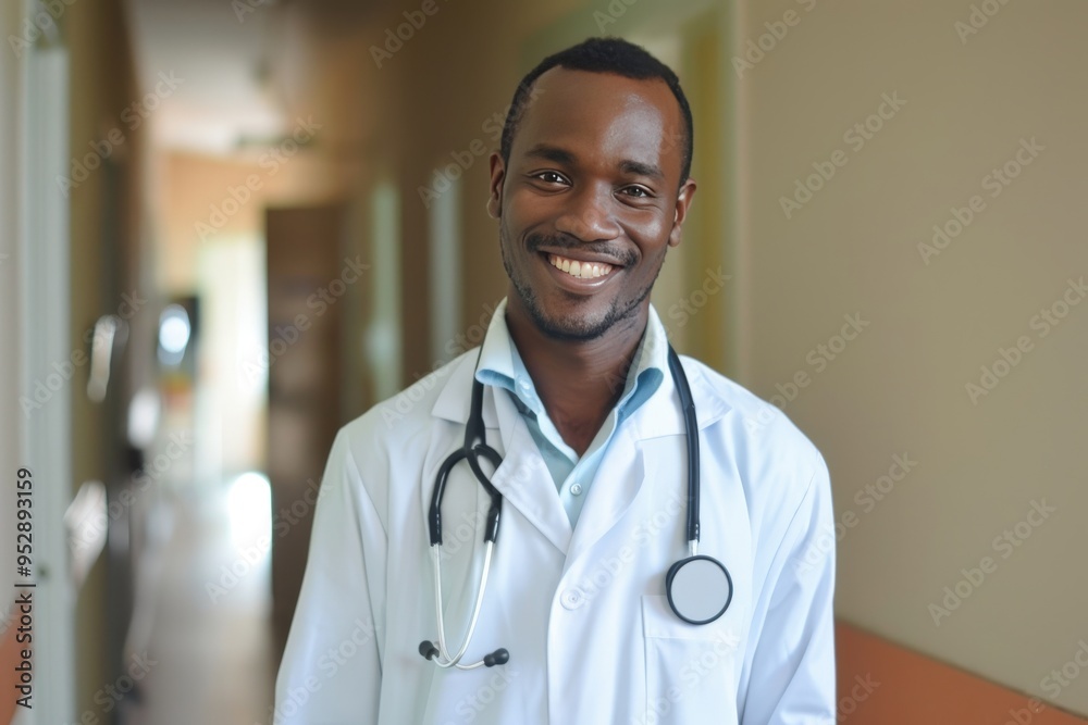 A smiling black man wearing a white lab coat and stethoscope,generative ai image A smiling black man wearing a white lab coat and stethoscope,generative ai image