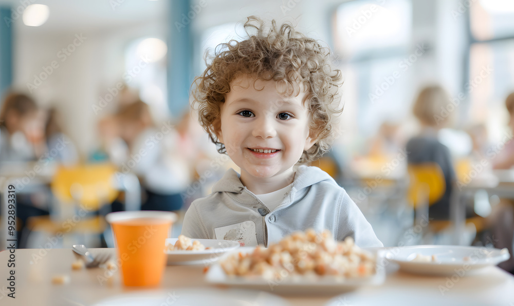 Young Boy Preschooler Sitting in the School Cafeteria | Early Childhood Education and Social Development Young Boy Preschooler Sitting in the School Cafeteria | Early Childhood Education and Social Development