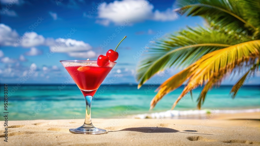 Cocktail with cherry garnish on a tropical beach, beach, tropical, cocktail, cherry, drink, alcohol, fruit, refreshment Cocktail with cherry garnish on a tropical beach, beach, tropical, cocktail, cherry, drink, alcohol, fruit, refreshment